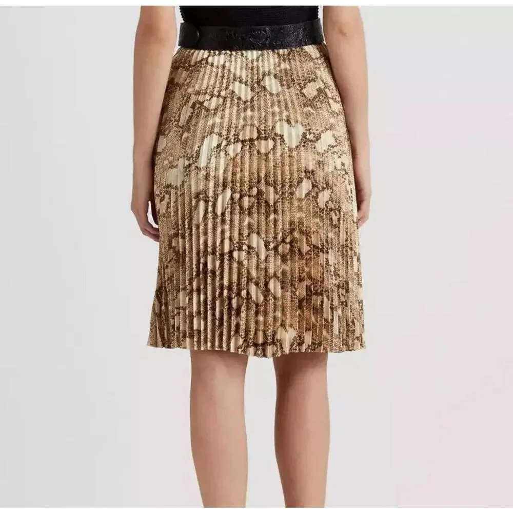 NEW Ralph Lauren Plisse Skirt: Brown/Cream Snake Print Zip Closure Knee-Length 8 - Picture 2 of 2